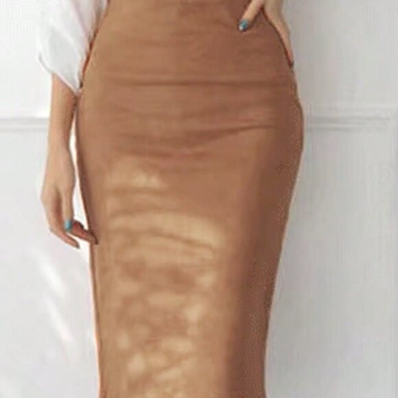 Khaki Casual Women's Faux Deerskin Velvet With Zipper Back Slit Skirt - Picture 2 of 7